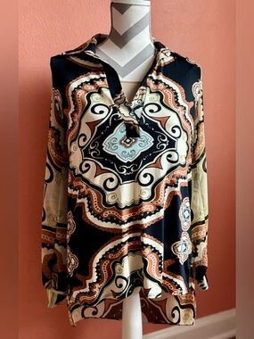 Analili Black Multi-Print V-Neck Long Sleeve Blouse